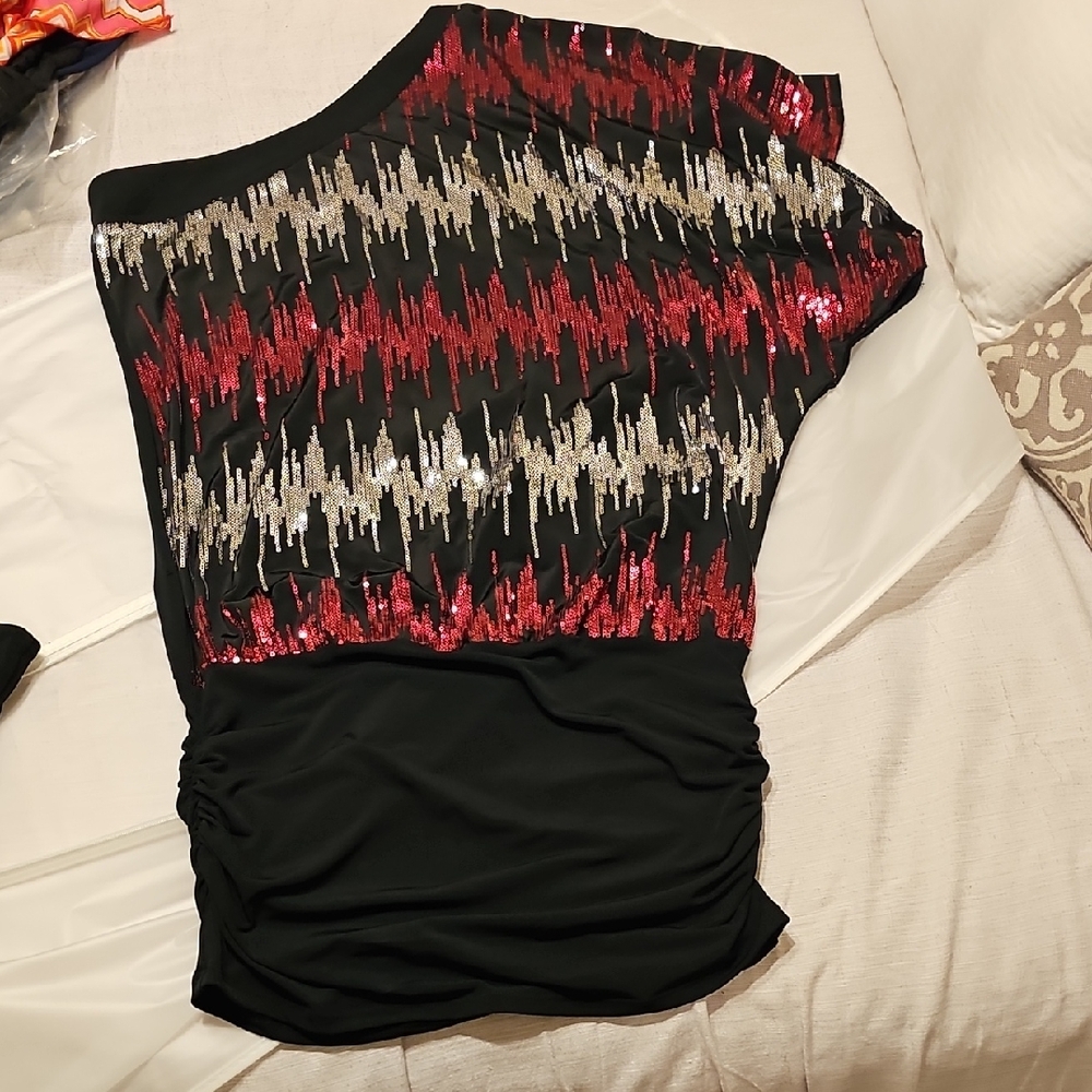 Glamorous Sequin Women's Dress in Black, Red, and Silver